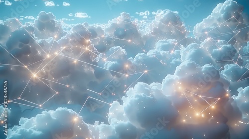 Fototapeta Naklejka Na Ścianę i Meble -  A digital concept of cloud computing, with white clouds floating in a clear blue sky, all connected by glowing network cables. The cables stretch between the clouds.