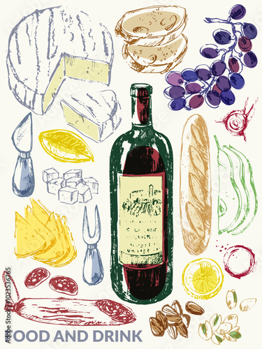 Vector wine illustration. Wine bottle, glass, snack, grape, cheese, bread.