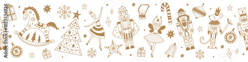 Nutcracker. Cute gold Christmas gorizontal border. 