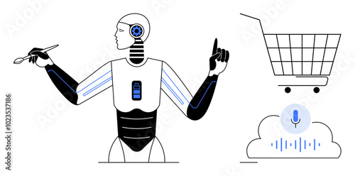 A robot with a pencil and a raised finger is next to a shopping cart and a voice command symbol on a cloud. Ideal for artificial intelligence, robotics, automation, e-commerce, and voice recognition