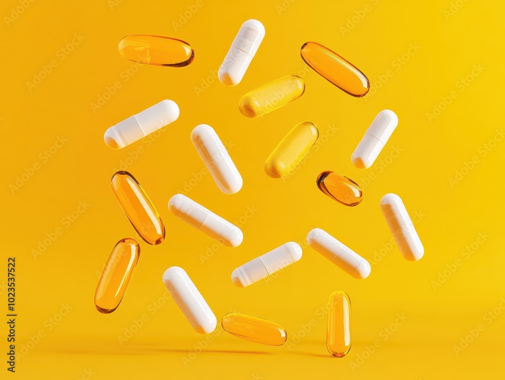 Vibrant yellow background with floating medical capsules and pills in various shapes and sizes. Vibrant yellow background with floating medical capsules and pills in various shapes and sizes.