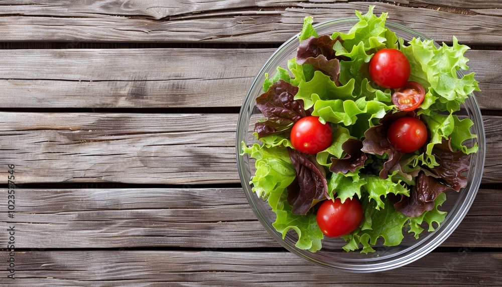 Vibrant and fresh salad displayed on a rustic wooden table for a healthy meal option Vibrant and fresh salad displayed on a rustic wooden table for a healthy meal option
