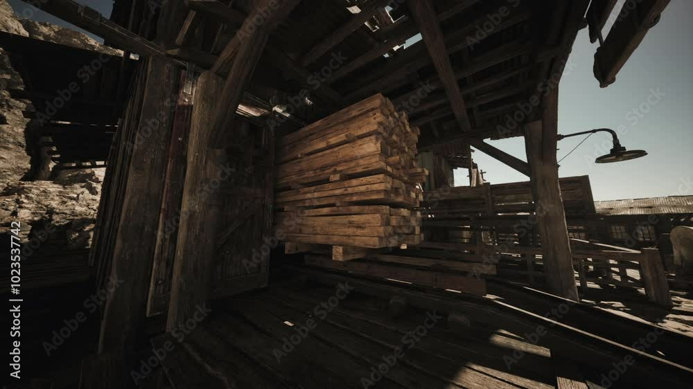A collection of neatly stacked wooden planks sits inside an old barn, illuminated by soft midday sunlight streaming through the structure, creating a warm atmosphere. A collection of neatly stacked wooden planks sits inside an old barn, illuminated by soft midday sunlight streaming through the structure, creating a warm atmosphere.