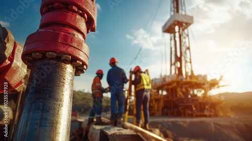 Workers review equipment at an oil drilling site as the sun sets, highlighting their activity