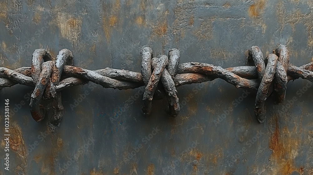 The image captures a close-up of twisted, rusted barbed wire tightly coiled against a distressed metal surface, showcasing the effects of time and weathering on the materials. The image captures a close-up of twisted, rusted barbed wire tightly coiled against a distressed metal surface, showcasing the effects of time and weathering on the materials.