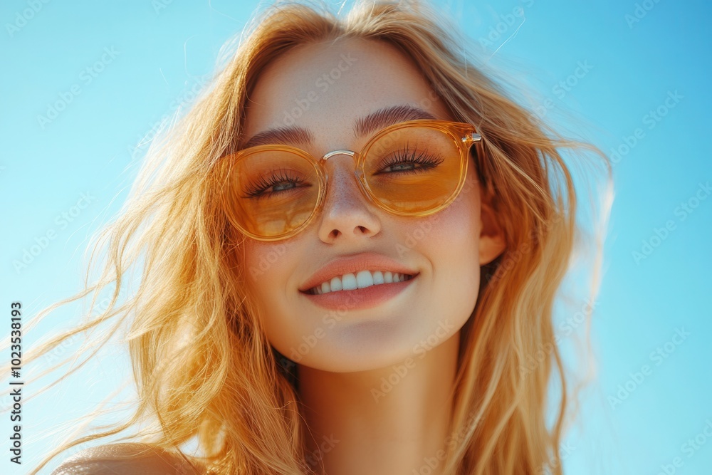A young woman with long, blonde hair radiates joy under the bright sun by the beach. Her stylish golden sunglasses complement her cheerful smile, reflecting the carefree vibe of a perfect summer day b A young woman with long, blonde hair radiates joy under the bright sun by the beach. Her stylish golden sunglasses complement her cheerful smile, reflecting the carefree vibe of a perfect summer day b