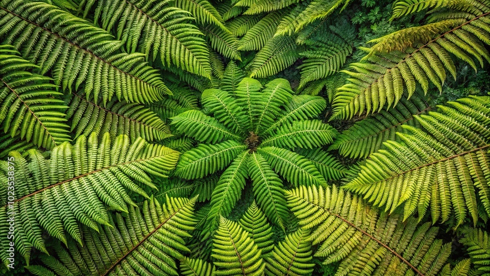 Intricate textures and patterns of prehistoric tree ferns and primitive conifers from a high angle view Intricate textures and patterns of prehistoric tree ferns and primitive conifers from a high angle view