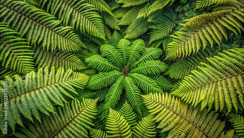 Intricate textures and patterns of prehistoric tree ferns and primitive conifers from a high angle view