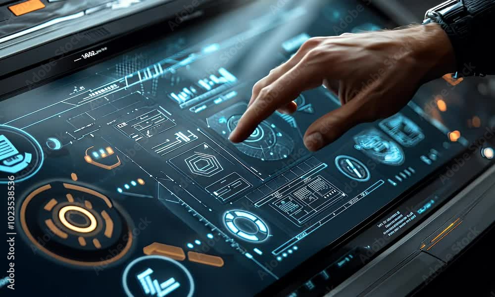 A hand interacting with a futuristic touchscreen interface displaying data and graphics. A hand interacting with a futuristic touchscreen interface displaying data and graphics.
