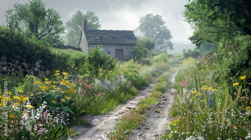Wallpaper Mural Rustic Charm Serene Country Lane with Wildflowers and Old Farmhouse Torontodigital.ca