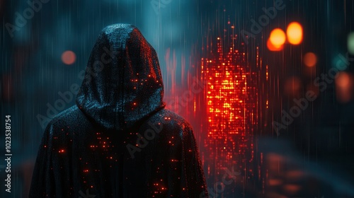 In a rainy urban setting at night, a cloaked figure stands facing glowing red lights. The rain creates a moody atmosphere, enhancing the sense of mystery and intrigue in the scene as the darkness enve photo