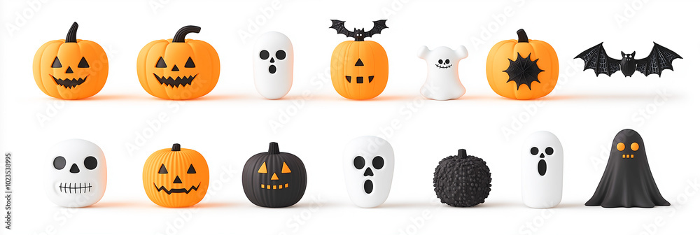 Funny Cute Kawaii Halloween Ghost Bat Skull Pumpkin Character Icons, Trendy 3D Cartoon. Minimal Design, Vibrant Colors, Angry Spooky Scary Faces. Modern Decoration, Creative Marketing Banner Funny Cute Kawaii Halloween Ghost Bat Skull Pumpkin Character Icons, Trendy 3D Cartoon. Minimal Design, Vibrant Colors, Angry Spooky Scary Faces. Modern Decoration, Creative Marketing Banner