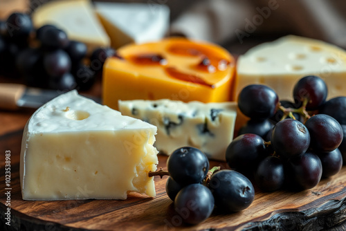 Different types of cheese with black grapes on a serving board.