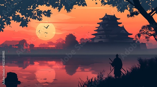 A serene sunset landscape featuring a castle, a river, and a lone figure with a sword.