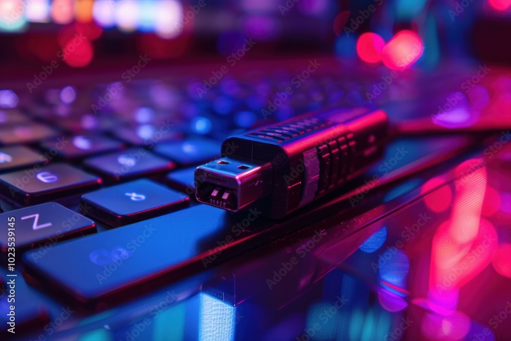 Usb flash drive is lying on a laptop keyboard, illuminated by vibrant neon lights Usb flash drive is lying on a laptop keyboard, illuminated by vibrant neon lights