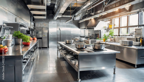 A spacious commercial kitchen equipped with stainless steel appliances and fresh ingredients during daytime preparation photo