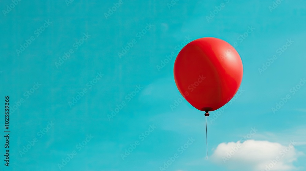 A single red balloon floating in a blue sky with a small cloud A single red balloon floating in a blue sky with a small cloud