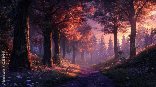 Enchanted Autumn Forest Landscape with Glowing Trees and Pathway