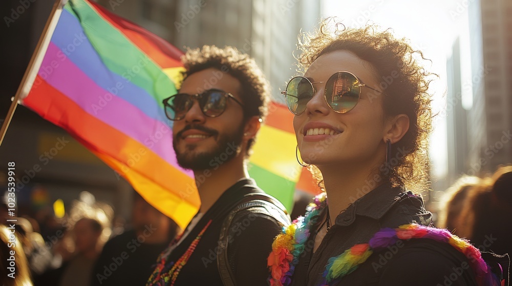 couple adult in the middle of a LGBTQ demonstration holding the flag couple adult in the middle of a LGBTQ demonstration holding the flag