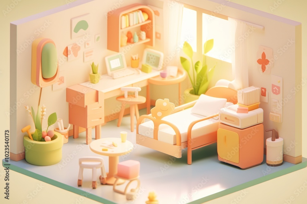 Fototapeta premium 3D Rendered Minimalist Bedroom with Bed, Desk, and Plants