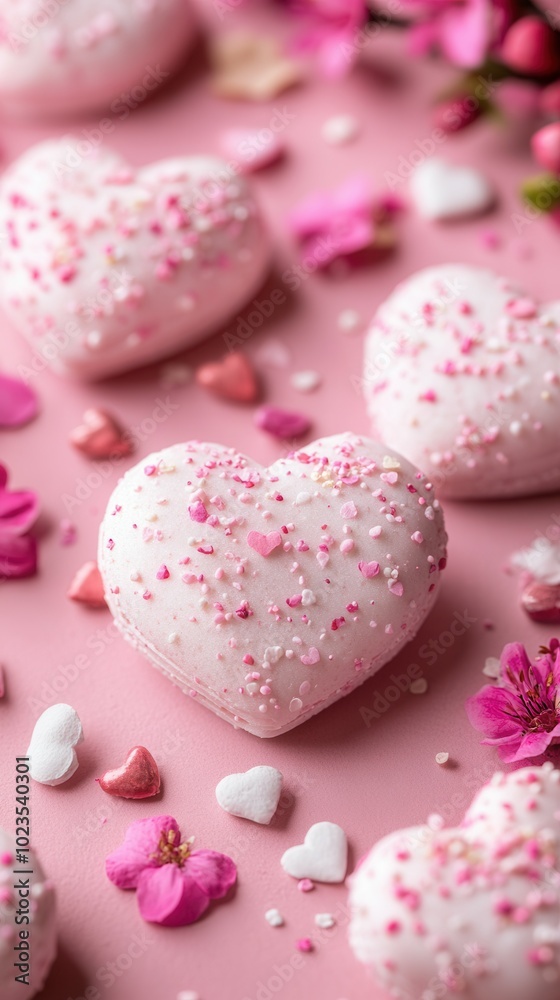 Delicate heart-shaped treats feature a soft pink hue sprinkled with colorful dots and surrounded by vibrant floral accents. Ideal for romantic occasions, these desserts bring sweetness and charm to an Delicate heart-shaped treats feature a soft pink hue sprinkled with colorful dots and surrounded by vibrant floral accents. Ideal for romantic occasions, these desserts bring sweetness and charm to an