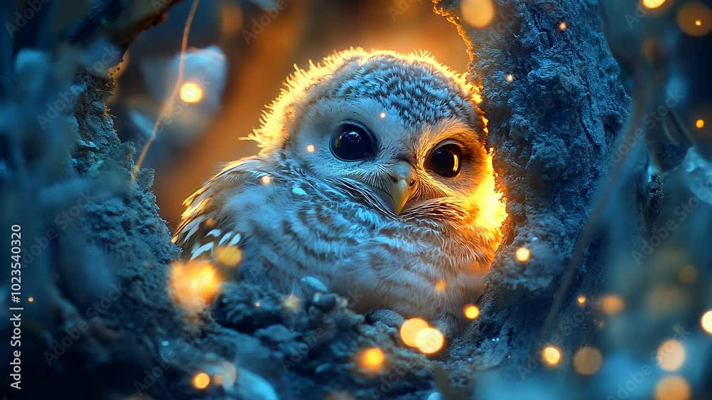 Adorable Owl in Enchanted Forest with Glowing Lights Video Adorable Owl in Enchanted Forest with Glowing Lights Video
