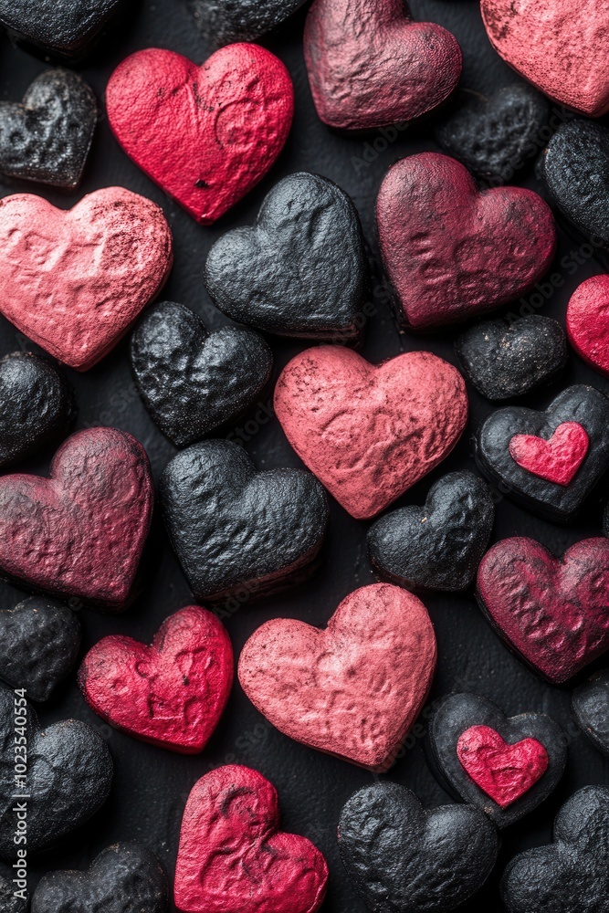 Obraz premium An artistic display of various textured hearts in shades of red, black, and dark pink is arranged harmoniously on a dark background.