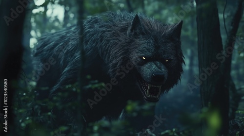 Evil werewolf in the gloomy forest. Close-up.