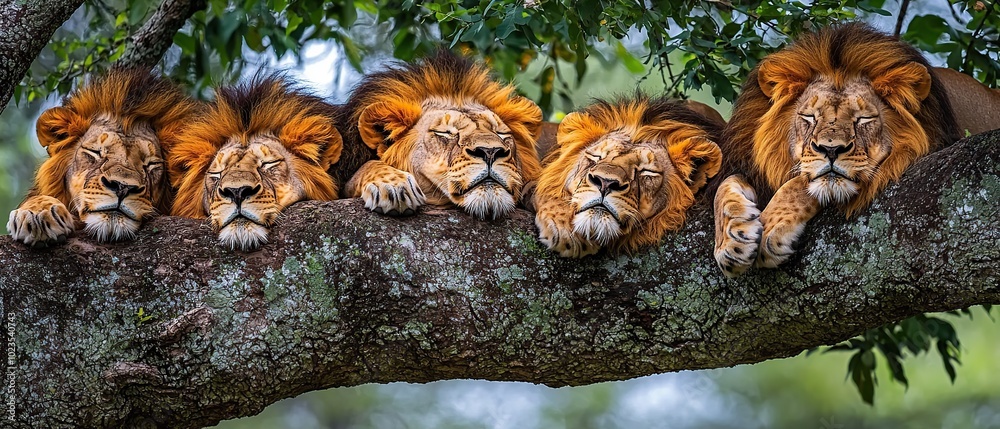 Five lions resting on a tree branch, showing the majestic power of nature. Five lions resting on a tree branch, showing the majestic power of nature.