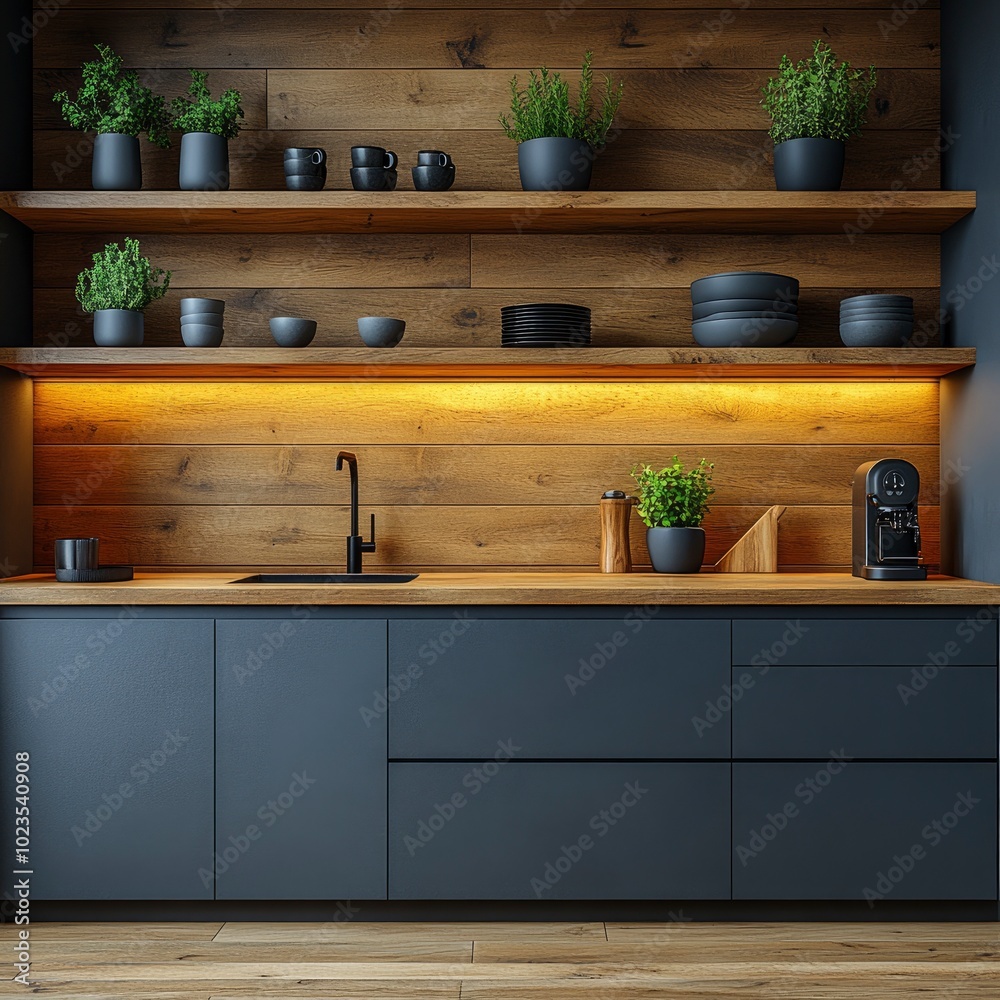 Modern Kitchen Interior with Wooden Wall and Blue Cabinets Modern Kitchen Interior with Wooden Wall and Blue Cabinets