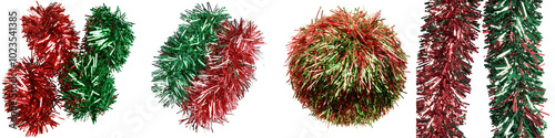 Colorful tinsel decorations in red and green, white isolate background.