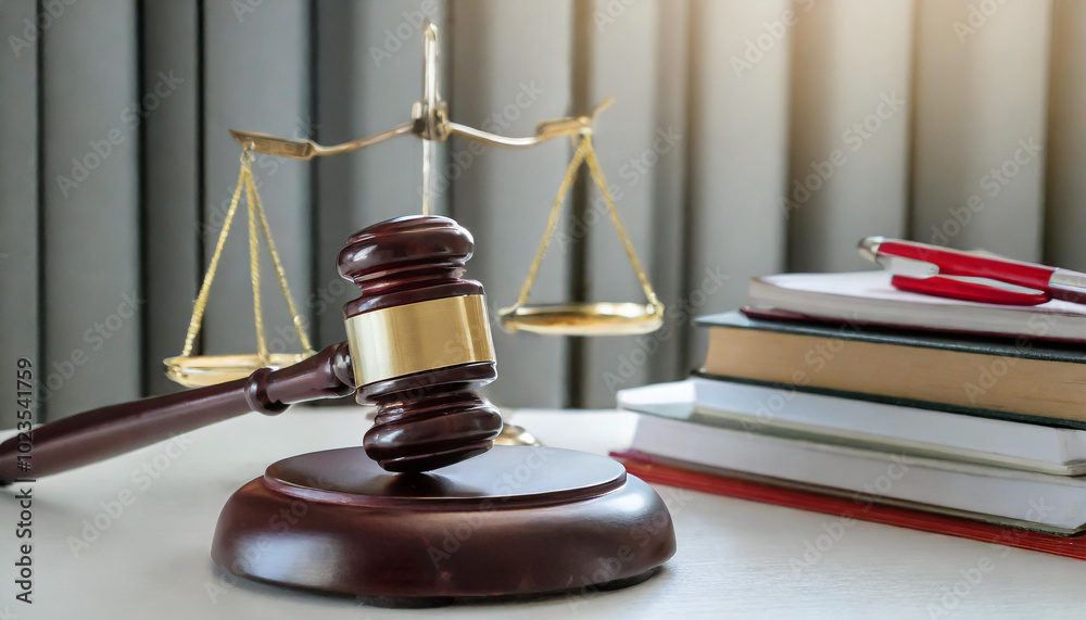 A wooden gavel rests on a table next to legal books and scales of justice in a law office during the afternoon A wooden gavel rests on a table next to legal books and scales of justice in a law office during the afternoon