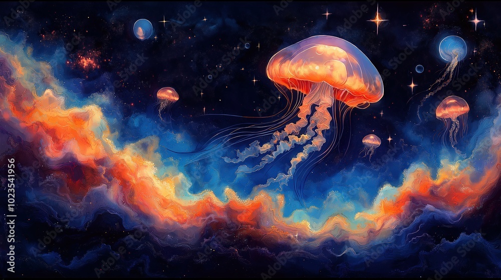 Surreal cosmic jellyfish floating through a colorful, swirling nebula in a psychedelic galaxy Surreal cosmic jellyfish floating through a colorful, swirling nebula in a psychedelic galaxy