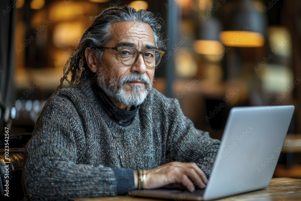 A man with grey hair and beard working on a laptop in a cafe.
