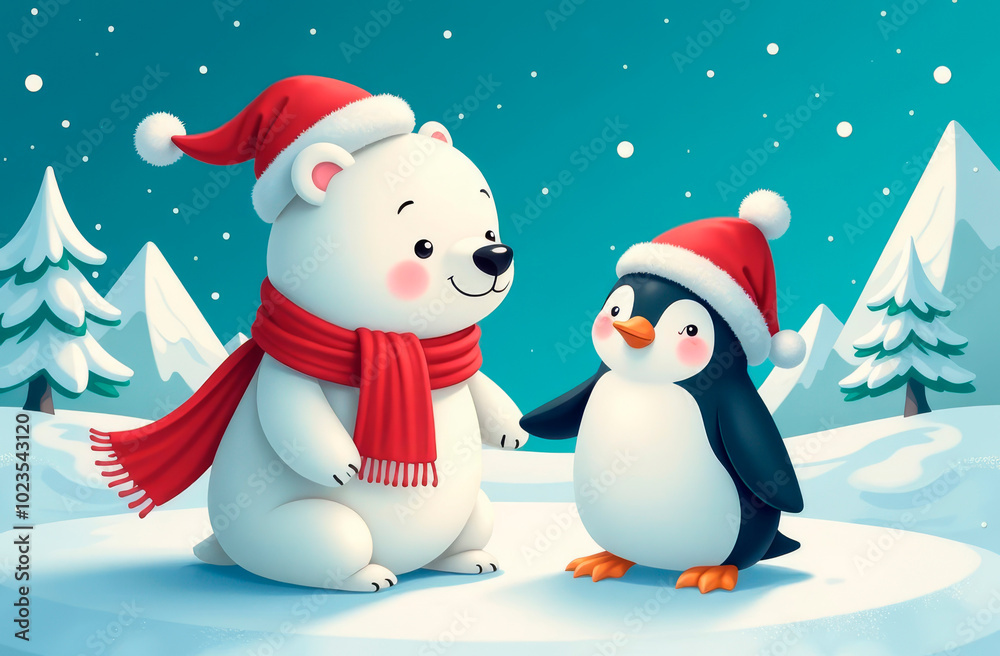 Polar bear and penguin in red caps in winter forest. Illustration Polar bear and penguin in red caps in winter forest. Illustration
