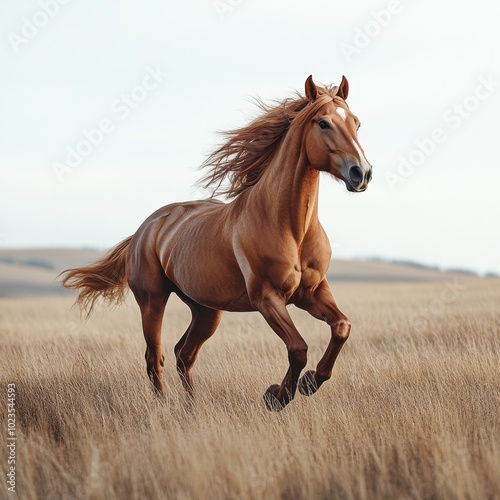 A running horse combined with rolling hills that dissolve into the white background. The dynamic motion of the horse contrasts sharply with the simplicity of the backdrop. AR: 3:2 to capture 