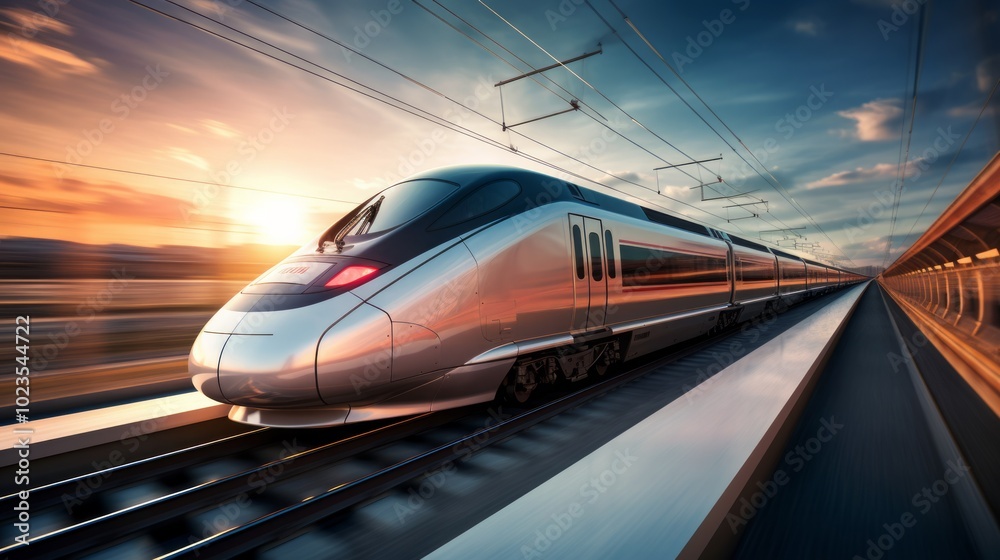 Fototapeta premium High speed train in motion on the railway station at sunset. Neural network ai generated art
