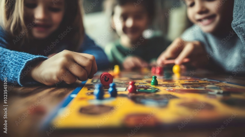A girl's hand placing a red game piece on a board game table. A girl's hand placing a red game piece on a board game table.