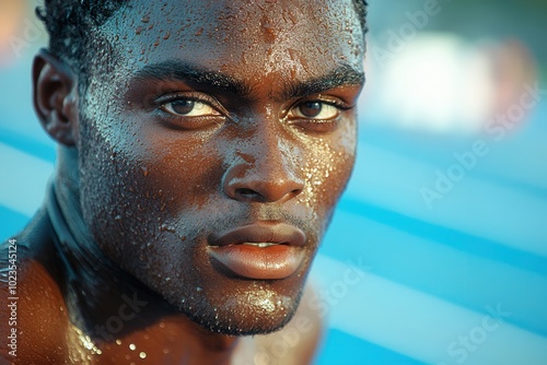 A moisture-drenched portrait captures a man against a vibrant blue backdrop, showcasing his intense expression of determination and focus on realizing his goals.