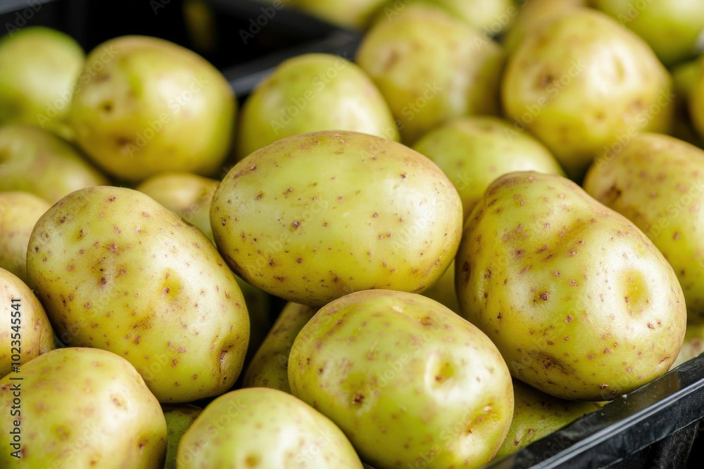 Close-up of green potatoes with a warning label about solanine t Close-up of green potatoes with a warning label about solanine t