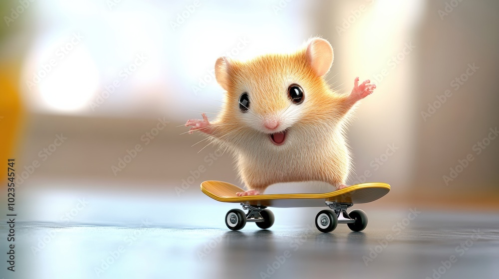 Obraz premium Adorable Hamster Riding Miniature Skateboard in Playful Action