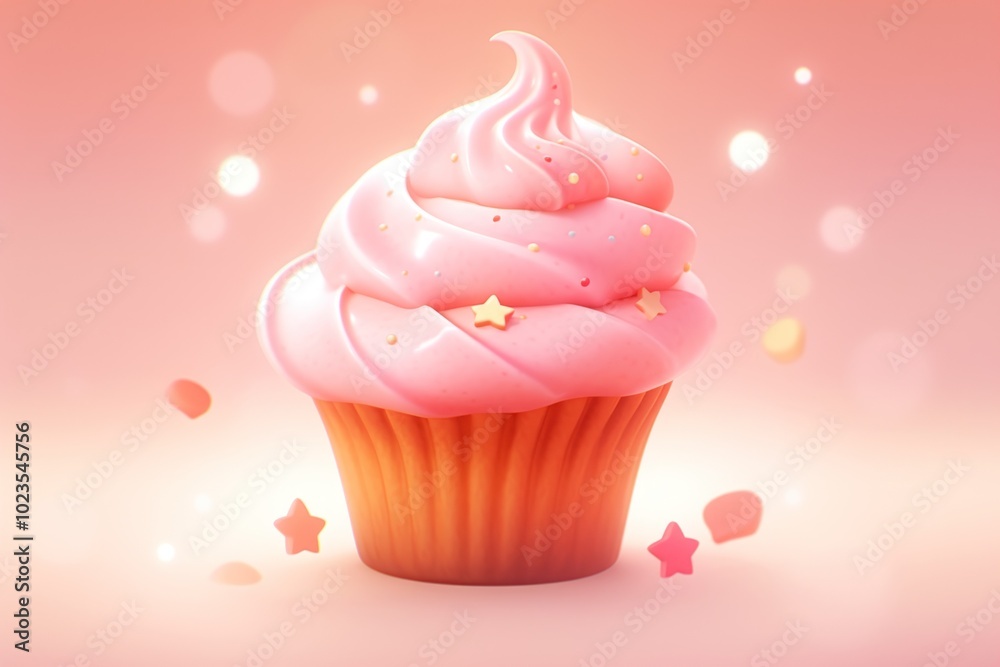 Pink Cupcake with Swirled Frosting and Sprinkles on a Light Pink Background Pink Cupcake with Swirled Frosting and Sprinkles on a Light Pink Background