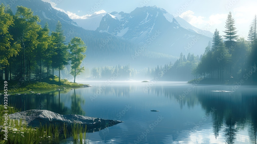 Naklejka premium A quiet, serene landscape, early morning light, a mountain, or a peaceful lakeside.