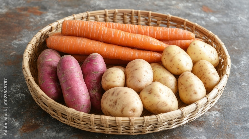 A wicker basket filled with raw carrots, sweet potatoes and potatoes. A wicker basket filled with raw carrots, sweet potatoes and potatoes.