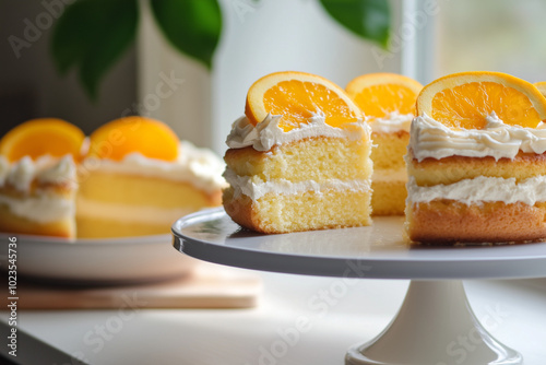  Layered orange cake with whipped cream and orange slices.