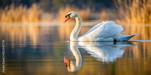 Fototapeta Naklejka Na Ścianę i Meble -  Graceful white swan with reflection on tranquil lake