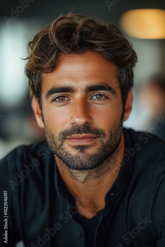 A charming man with tousled hair and a charismatic smile poses in a relaxed ambiance, exuding confidence and poise, projecting warmth and approachability in a casual atmosphere.