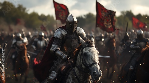 A knight in armor leads a cavalry charge amidst a battlefield filled with banners and soldiers.