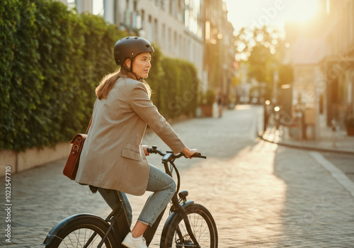 Young professional woman riding electric bicycle in the city during sunny summer day