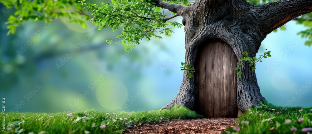 Fototapeta premium A whimsical tree with a wooden door nestled in its trunk, surrounded by lush green grass and vibrant foliage.